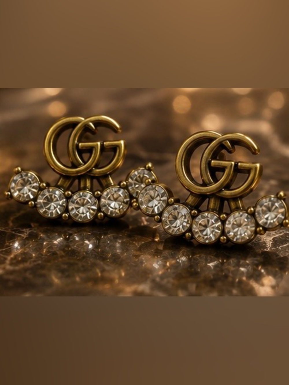 Gold Tone Crystal Double G Statement Stud Earrings Vintage Glam
